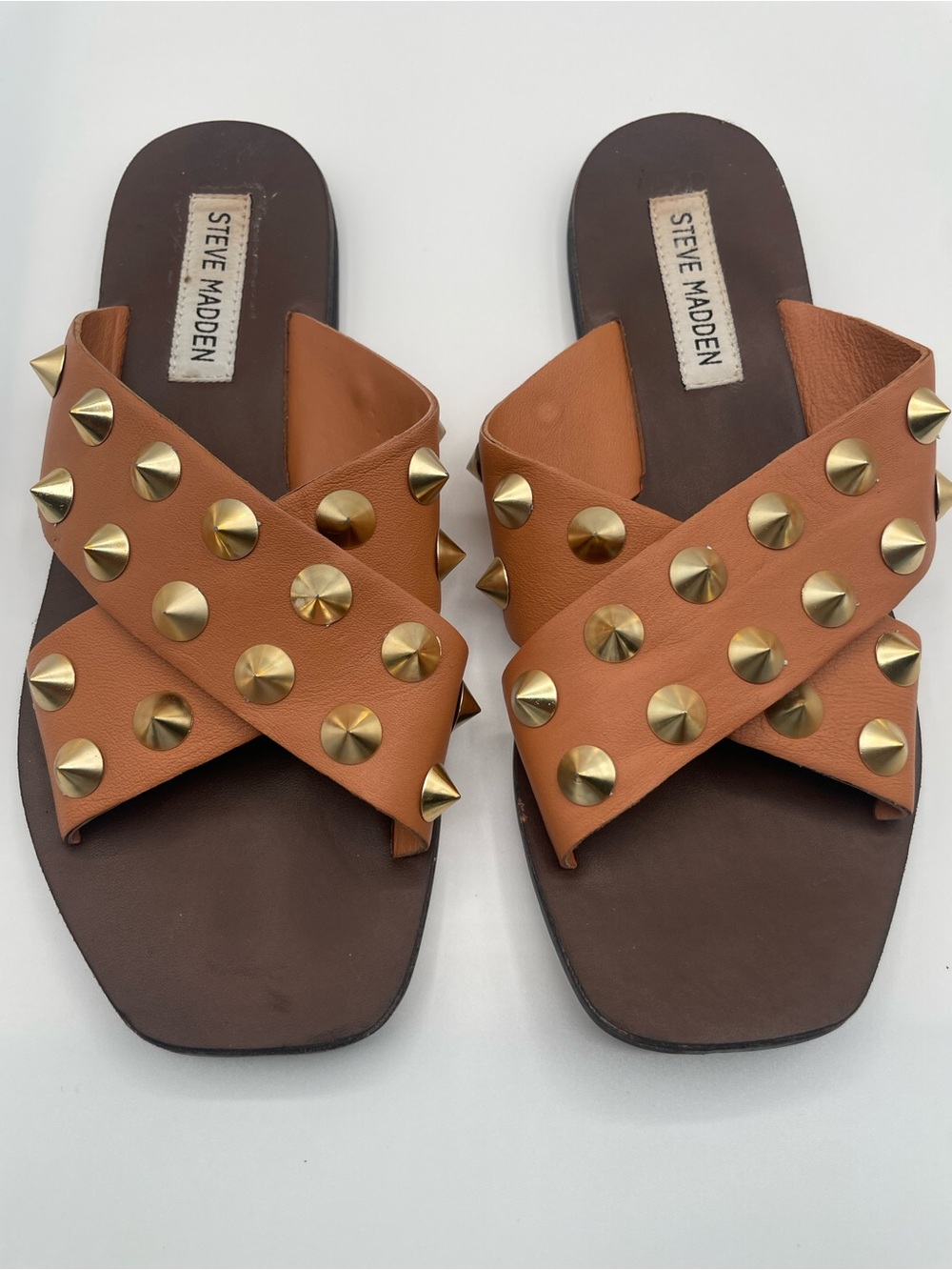 Steve Madden Women's Tan Studded Crisscross Slide Sandals